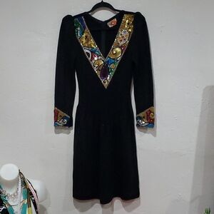Vintage 1980s Pat Sandler For Wellmore Knit Dress with Sequins Beading Size M